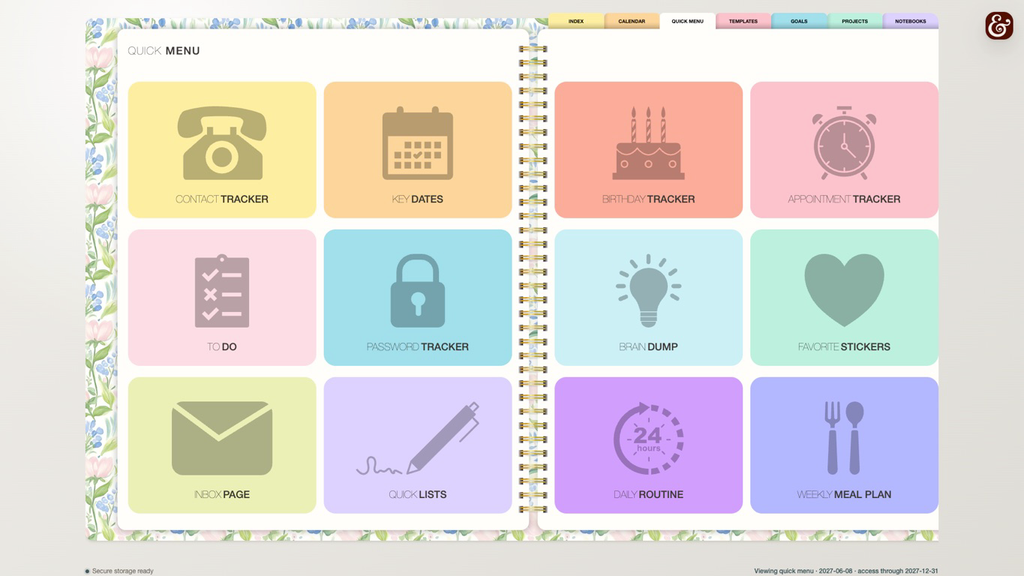 Slate & Serif digital planner Quick Menu